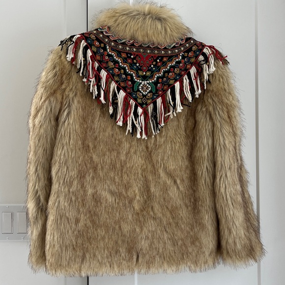 Zara Aztec Embroidered Faux Fur Jacket with Fringe Bells Detail M - Picture 7 of 11